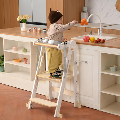 Kids Kitchen Step Stool, Foldable Toddler Tower, Height Adjustable Toddler Standing Tower with Safty Rail and Anti-Slip Device, Wooden Stool for 1.5-6 Years (Wood Color-White)