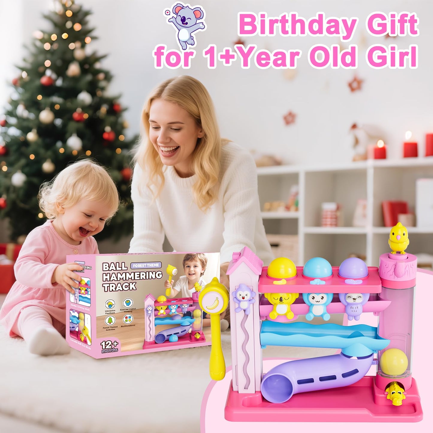 VOILBTOY Musical Toy for 1-2 Year Old Girls,Educational Baby Toys 12-18 Months,Ball Drop Toy with English & Spanish,Fine Motor Toys for Toddlers 1-3,Birthday Gift for 1+ Year Old Girl (Pink)