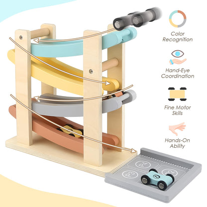 Joyreal Montessori Toddler Toys for 1 2 Year Old - 4 Level All-Wooden Car Ramp Racer Toys with 4 Mini Cars & Garages - Christmas Birthday Gifts for 1-3 Year Old Boys and Girls