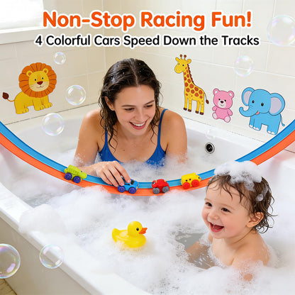 5 Ft Race Car Bath Toy Set, Toddler Bath Toys, Race car Set for Kids Ages 3+, Bathtub Time Birthday Gift for Boys & Girls, Including Mesh Storage Bag and 3 Suction Cup (Orange)