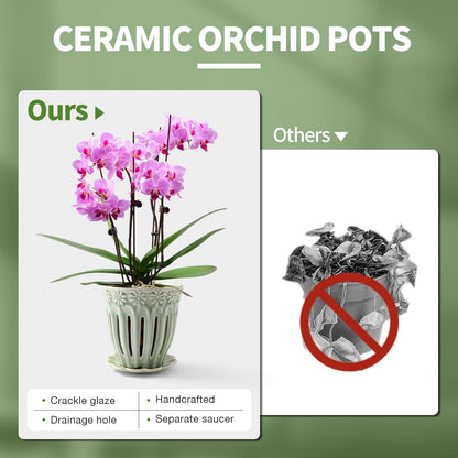 SUADEN 5" Ceramic Orchid Pots with Holes | Crackle Glazed Orchid Pot with Drainage and Separate Saucer | Ideal Plant Pot for Repotting Orchids and Other Flowers(Green)