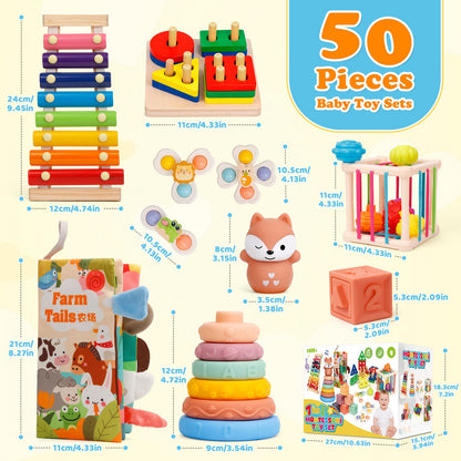 VuvuVoda Montessori Baby Toys for Toddlers 1-3, 7-in-1 Educational Activity Toy Set with Soft Cloth Book, Stacking Blocks & Learning Toys, Birthday Gifts for Boys Girls