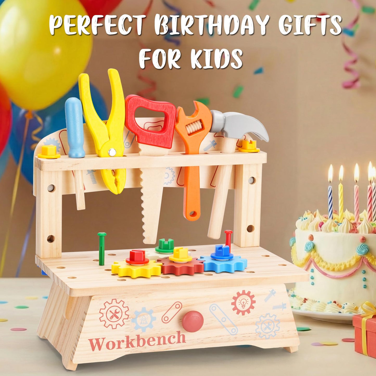 REXBETI Kids Tool Set, Wooden Toddler Tool Set with Apron, Toddler Tool Bench, Educational Montessori Toys for 3 Year Old Boys, Pretend Construction Kits, Birthday Gifts for 3 4 5 Year Old Boy Girl