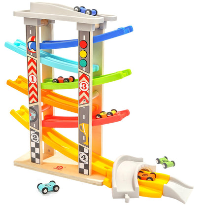TOP BRIGHT Wooden Car Ramp Race Track Toy for Toddlers 1-4 Years, Montessori Educational Learning Toy for 2 Year Old Boys Girls Gifts with 6 Mini Cars