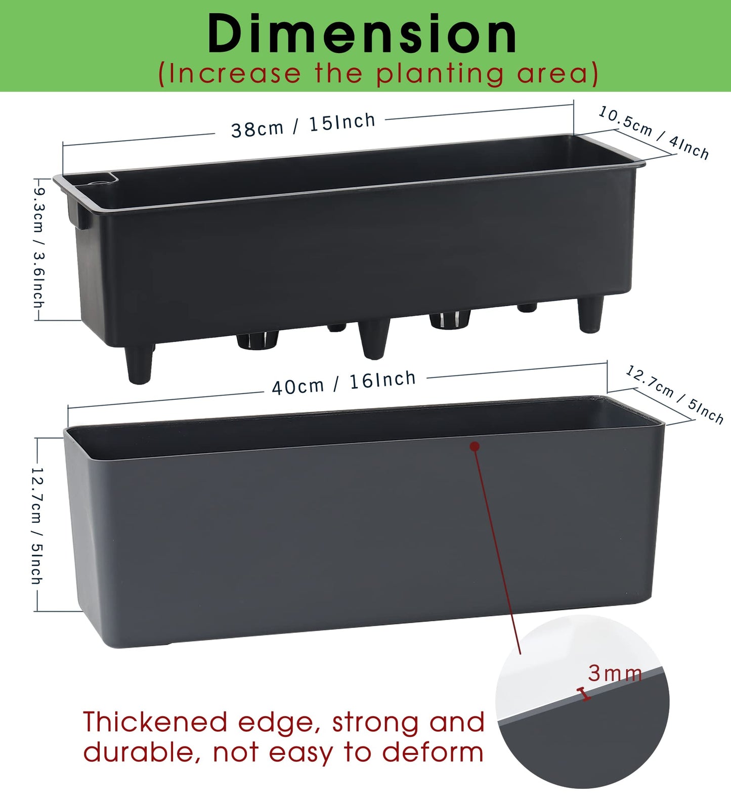 GardenBasix Elongated Self Watering Planter Pots Window Box 5.5 x 16 inch Indoor Home Garden Modern Decorative Planter Pot for All House Plants Flowers Herbs (Dark Grey,1-Pack)