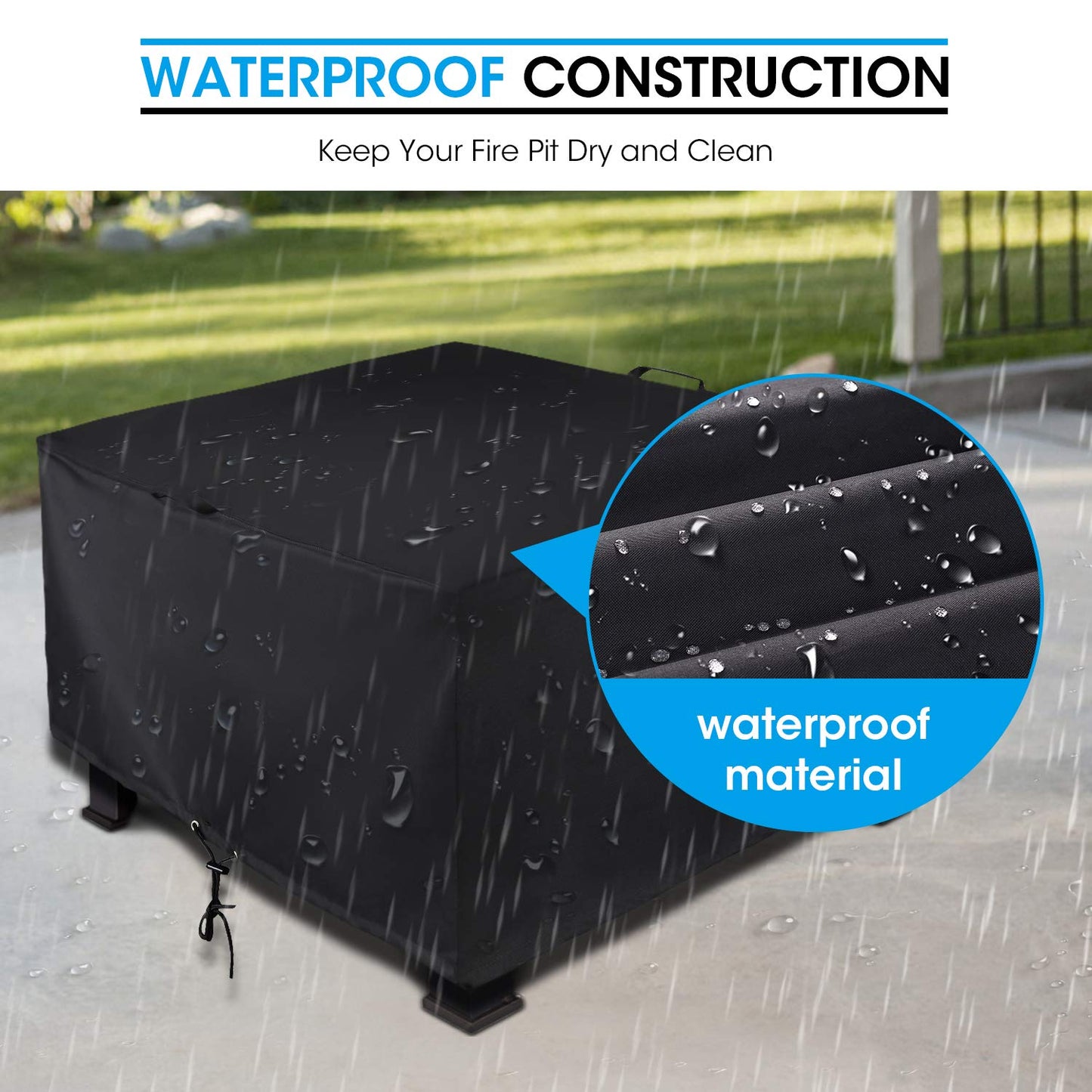 Unicook Square Fire Pit Cover 38 Inch, Heavy Duty Waterproof Fire Table Cover, Outdoor Firepit Protector with Drawstring and Handles, All Weather Protection, Black