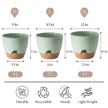 TYMENSH Plant Pots 12/10/9 inch Set of 3, Self Watering Flower Pots Indoor Outdoor, Planters with Drainage Hole Saucer Reservoir, Green