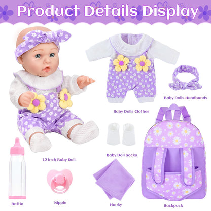 12" Flower Pattern Baby Doll With Backpack Carrier Can Store Clothes and Accessories,12 Inch Baby Dolls Set In Gift Box With Hanky Pacifier Bottle Pretend Baby Care Toy For Girl Child Toddler 3+ Gifts