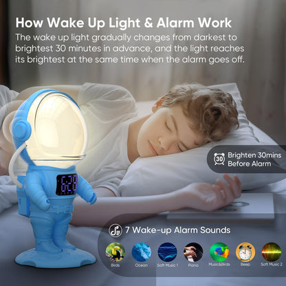 AFEXOA Astronaut Sunrise Alarm Clock for Kids, White Noise Sound Machine with 30 Soothing Sounds, 22 Dimmable Nightlights, Bluetooth Speaker, Dual Alarms, Wake Up Light for Bedroom(Blue)