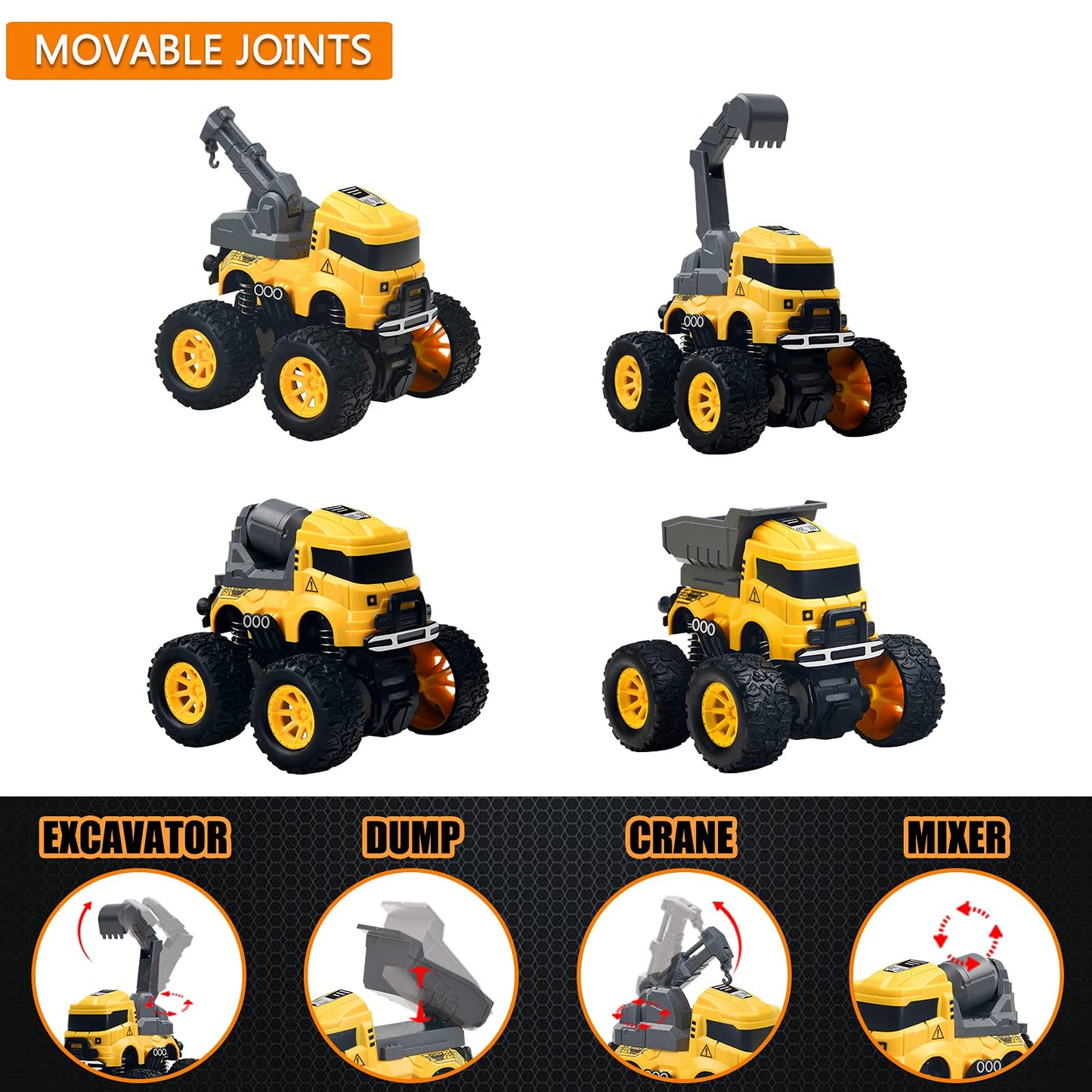 Construction Truck Toys - 4 Pack Excavator, Mixer, Crane, Dump Trucks Push and Go Friction Powered Cars Monster Trucks Vehicles Playset Kids Birthday Party Favors Gifts for 3+ Year Old Boys Girls