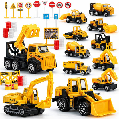 TOY Life 35 PCS Construction Toys, 12 Mini Construction Vehicles with Accessories, Excavator Bulldozer Dump Truck Playset, Sandbox Toys and Cake Toppers for Kids Ages 3-8