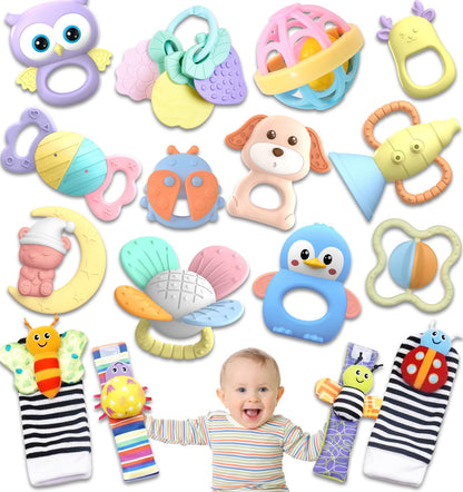AZEN 16 Pack Baby Rattles Teething Toys 3-6 Months, Baby Toys 0-6 Months, Newborn Infant Toys 6-12 Months, Essentials Must Haves Wrist Socks Toddler Stocking Stuffers Christmas Gifts (Pink)