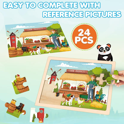 4-in-1 Farm Wooden Puzzles for Kids Ages 4-6, 24 PCS Wooden Jigsaw Puzzles for Toddlers Ages 3-5, Preschool Educational Puzzles Boards Toys Gifts for 3 4 5 6 Boys Girls