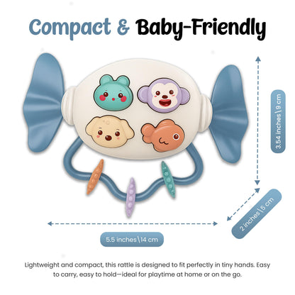 Rattle Teether (2 in 1) Candy Shape with Animals Theme, Musical Learning and Lighting, BPA-Free, Safe Chewable, Soothing Toy, Best for Infants, Baby Shower, Birthday Gift (Blue)