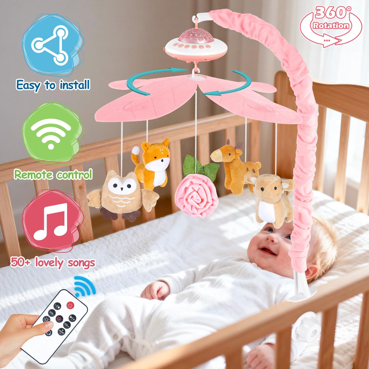 Playix Baby Crib Mobile with Music and Lights, Nursery Baby Mobile for Crib Bassinet with Remote Control, Rotation, Starlight Projection, Crib Toys for Babies Boys Girls Pink