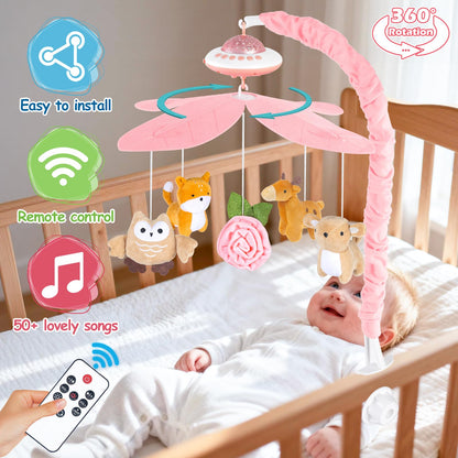 Playix Baby Crib Mobile with Music and Lights, Nursery Baby Mobile for Crib Bassinet with Remote Control, Rotation, Starlight Projection, Crib Toys for Babies Boys Girls Pink