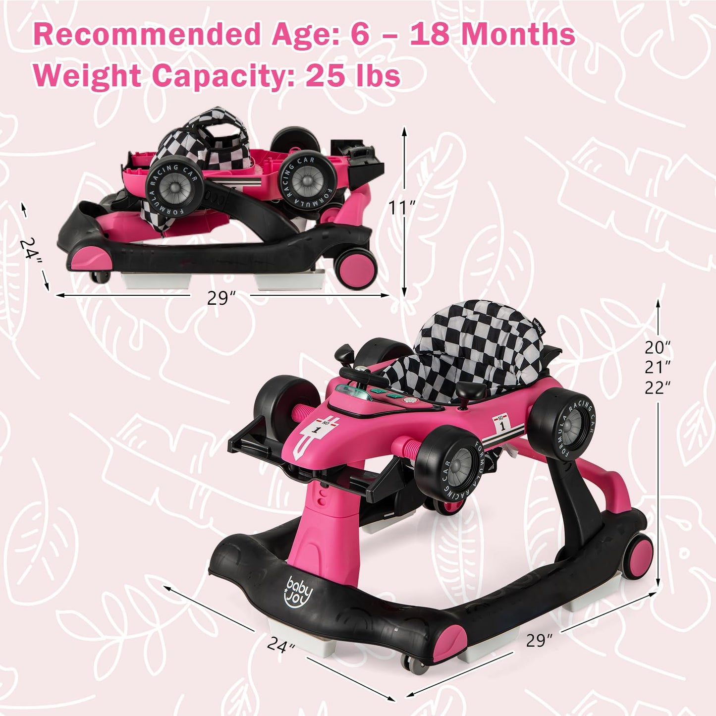BABY JOY 4-in-1 Baby Walker, Foldable Activity Walker with Adjustable Height & Speed, Music, Lights, Anti-Rollover, Toddler Push Walker, Baby Walker with Wheels for Boys Girls 6-18 Months (Pink)