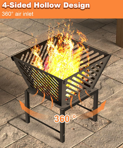 Mondazie Outdoor Fire Pit — 17 Inch Portable with Storage Bag for Camping, Patio Heating, Picnic and BBQ, Trapezoid Diagonal Hollow, Black