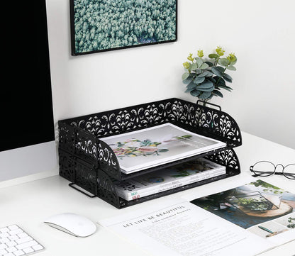 EasyPAG Paper Organizer for Desk 2 Tier Stackable Paper Tray for A4 Legal Size Folders Metal File Storage Desktop Organizer for Home Office School Teacher, Black