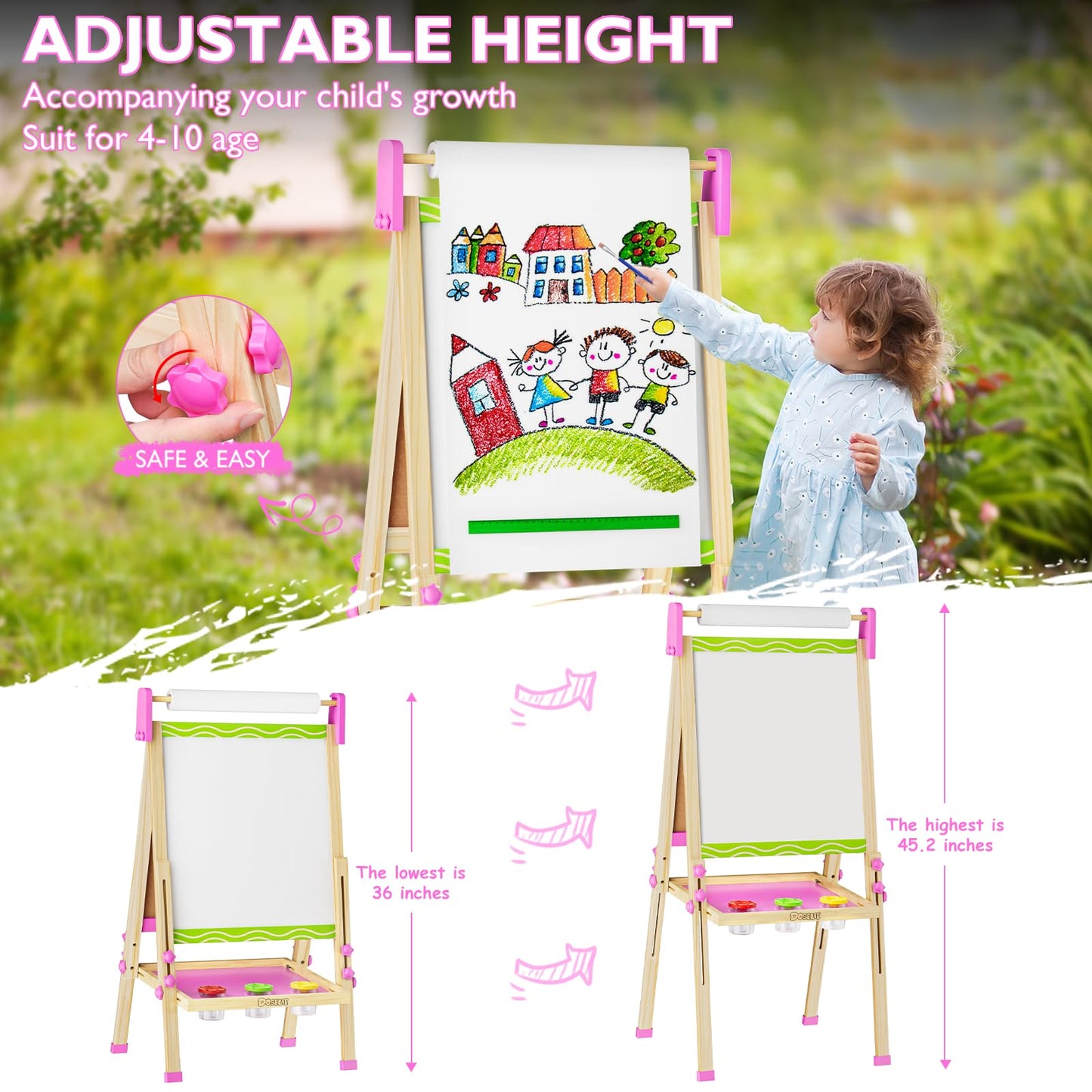Doselie Easel for Kids,Adjustable Wooden Kids Art Easel with Paper Roll,Double-Sided Magnetic Toddler Easels,Dry Erase Whiteboard and Chalk Board,Toys for 3 4 5 6 7 8 9 10 Year Old Girl Boy Gift