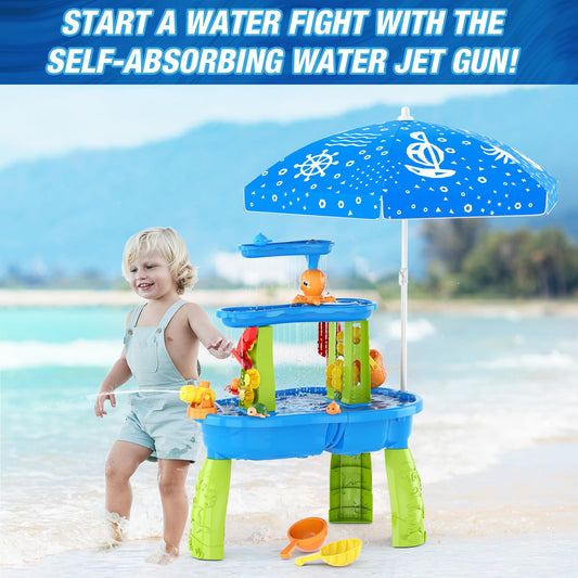 HYES Water Table for Toddlers 3-5, 3-Tier Kids Splash Sand Table Water Toys with Umbrella, Rain Showers Splash Pond for Outdoor Beach Backyard Summer, Activity Sensory Playset for Boys Girls, Blue