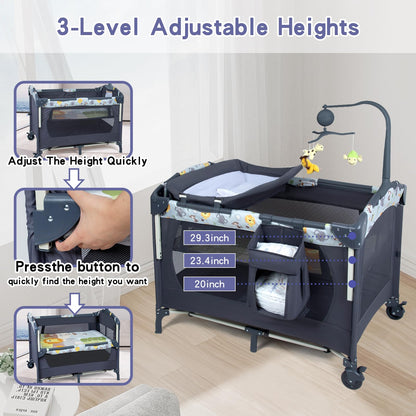 5-in-1 Baby Bassinet Bedside Crib, Pack and Play Long Next to Parents Bed Crib with Toys & Music Box, Mattress, Foldable Playard, Playpen Travel Bed Nursery Center for Girl Boy Infant Newborn