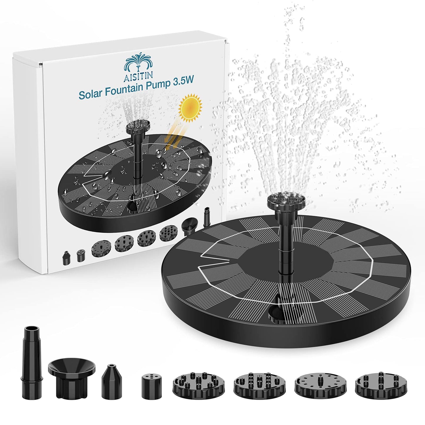 AISITIN 3.5W Solar Bird Bath Fountain Pump, Solar Fountain Pump for Bird Bath with 6 Nozzles, Solar Powered Water Fountain Pump for Garden, Ponds, Pool, Fish Tank, Aquarium and Outdoor, Black