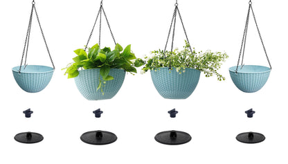 RooTrimmer Hanging Planters for Outdoor Plants 8/10 Inch, 4 Packs Hanging Flower Pot Indoor with Drainage Holes, Self-Watering Hanging Basket Perfect for Home, Office and Garden (Sky Blue)