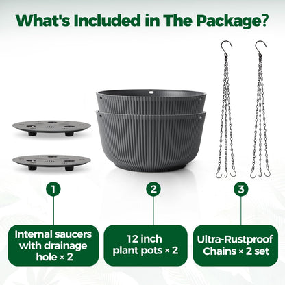 T4U 12 Inch Large Hanging Planters for Outdoor Plants, 2 Pack Self Watering Pots Indoor, Hanging Baskets for Plants,Hanging Flower Pot with Drainage Hole and Plant Hanger, Grey