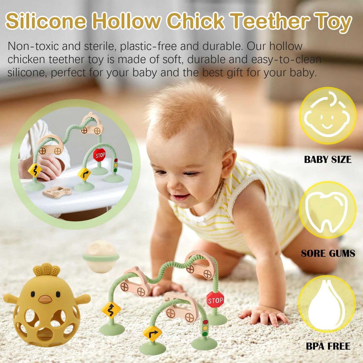Baby Teething Toy, Silicone Hollow Groundhog Teething Toys, Food Grade Silicone Teething Mitten, Suitable for Babies of Any Age, Yellow