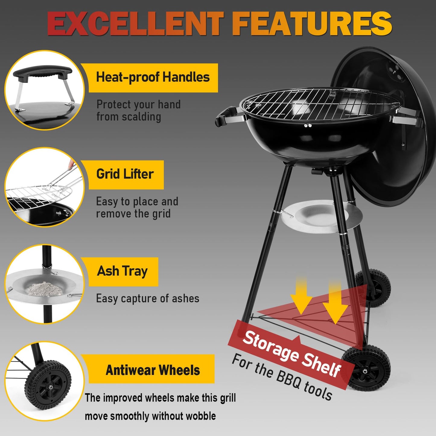 Joyfair Kettle Charcoal Grill (18 Inch), Outdoor Barbecue Grill for Camping/Backyard/Tabletop Grilling, Portable Round Smoker with Wheels, Enameled Lid & Fire Bowl, Dual Venting System, Black