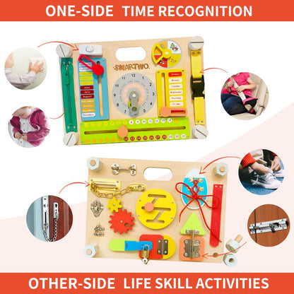 Smartwo Montessori Large Double-Sided Busy Board for 1 2 3 4 Year Old- Wooden Sensory Toys -Fidget Activity Board for Toddlers Boys and Girls- Motor Skills Gifts for ADHD & Autistic Children Kids