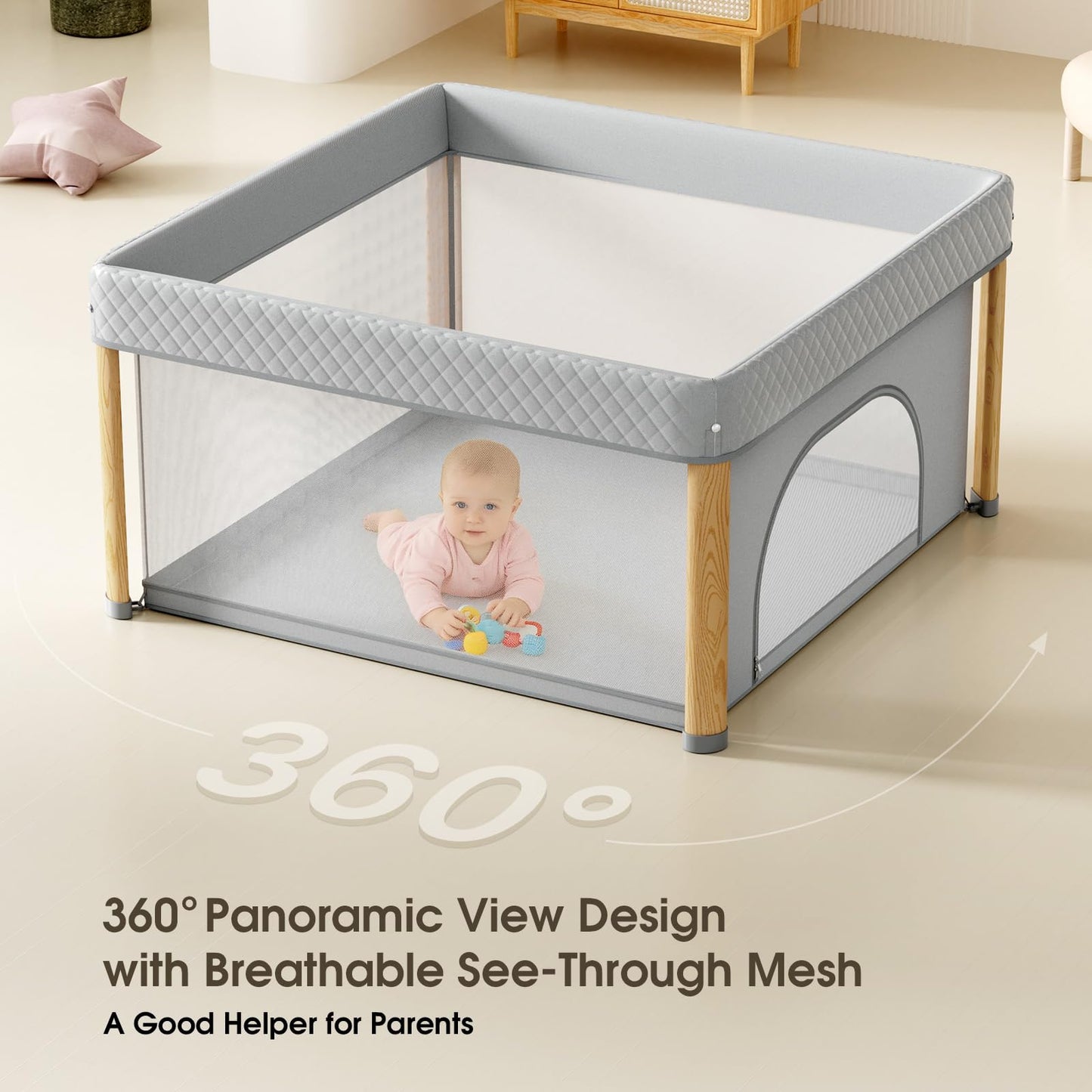 Cbcvvaer Foldable Baby Playpen, 59x59 Foldable Play Pen for Babies and Toddlers, Portable Playpen Indoor Outdoor, Kids Safety Area Travel Play Yard with Storage Bag Grey