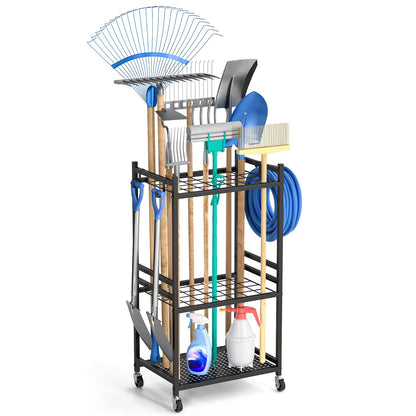 DAOUTIME Garden Organizer With Wheels, Yard Tower Rack for Garage Storage, Up to 35 Long-Handled Tools, Sturdy Metal Steel Holder With 3 Hooks, Outdoor, Black