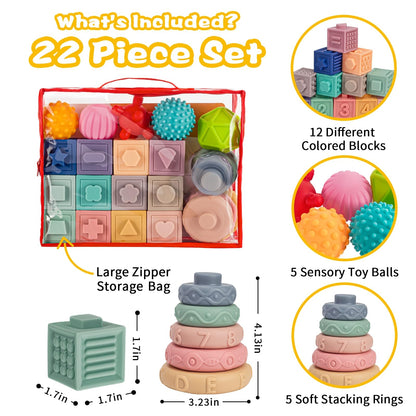 SpringFlower 3 in 1 Montessori Toys for Babies 0-3-6-12 Months, Soft Baby Teething, Stacking Building Blocks for Infants, Sensory Developmental Education Toys for Toddler Baby 12-18 Months,22 PCS