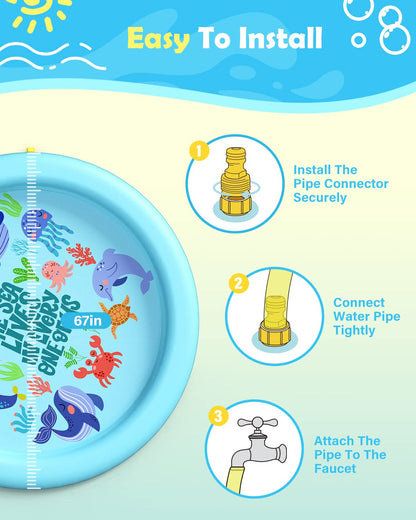 Peteast Anti-Slip Ocean-Themed Splash Pad for Kids and Dogs - 67in 0.58 mm Thicken Sprinkler Dog Pool for Summer Outdoor Water Toys - Fun Backyard Play Mat for Children and Pets