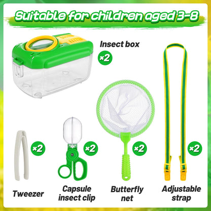 2Sets Bug Catcher for Kids - Sturdy Kids Bug Catching Kit Gifts with Collector Butterfly Net Tweezer, Bugs Habitat Outdoor Explorer Kit for Age 3 4 5 6 7 8, 8Pcs