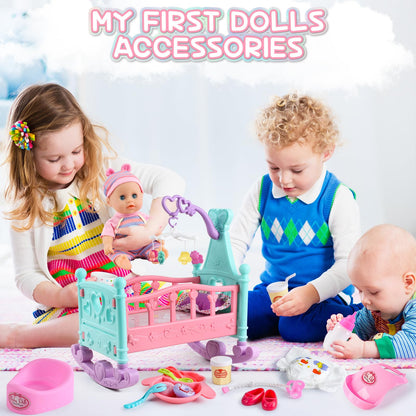 deAO 12” Baby Doll Play Set with Crib, Mobile, High Chair Feeding Accessories, Interactive Dolls for Girls Kids Pretend Play Baby Dolls 21 PCS