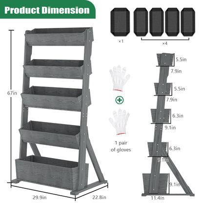 SUNYRISY 5 Tiers Vertical Raised Garden Bed Outdoor Planter Tower, Wooden Freestanding Planter Box for Planting Herbs Flowers Vegetables Backyard Patio Balcony Indoor Outdoor Gardening, Grey
