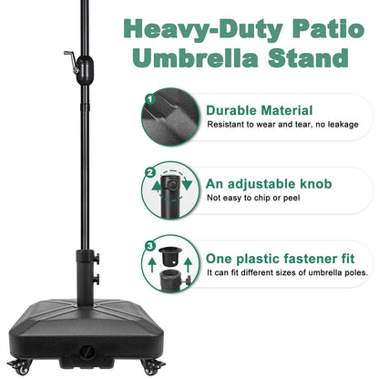 RAOKUKH Patio Umbrella Base Heavy Duty with Wheels Square Market Stand for Outdoor 4 Locks 2 Knobs 125lb Capacity, Black