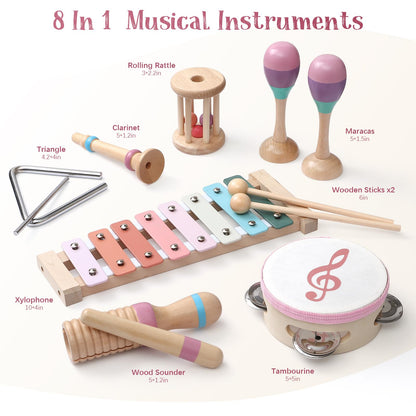 Toyssa Baby Musical Instruments, Montessori Wooden Musical Toys for Toddlers 2-3 with Xylophone Maracas Tambourine and Gift Box Kids Preschool Educational Birthday Gifts for 2 3 4 5 Year Old
