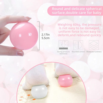 Heopeis Balls for Ball Pit, 100 pcs 2.2 Inches Thicken Soft Plastic Balls for Ball Pool, Crush Proof Ball Pit Balls BPA Phthalate Free Baby Toddler Toy Ball with 3 Color Pink White and Clear