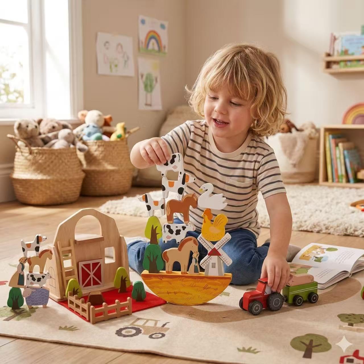 Jieruisha Wooden Barn Toy for Toddlers 1-3, Montessori Traveling Farm with Animal Figures & Car Model, Portable Farm Playset Learning Toy, Christmas Birthday Gift for Baby Boys Girls