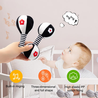 JINBOBUBU Soft Baby Rattles 0-6 Months - 2 Pack Infant Developmental Toys with Black & White Contrast | Sensory Newborn Toys for Girls & Boys | Set (BPA Free)