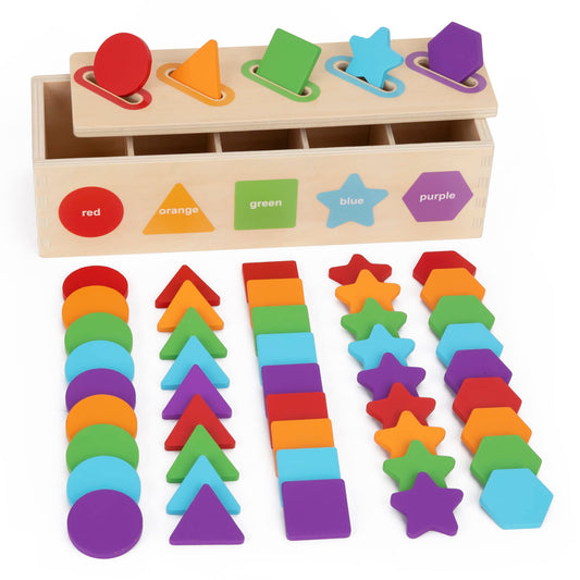 KMTJT Montessori Toys for 1 2 3 Year Old | Wooden Color & Shape Sorting Matching Toys | Learning Educational Toys for 1-3 Year Old Kids | One 1st 2st Birthday Gift for Boy Girl