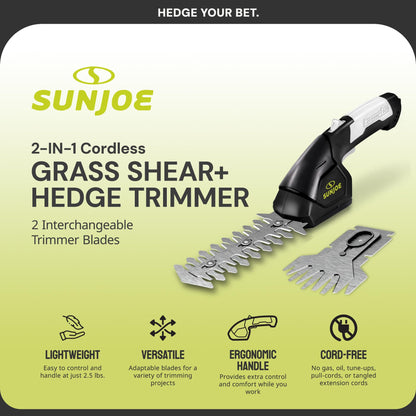 Sun Joe HJ604C Cordless Grass Shears and Hedge Trimmer, 2-in-1 Handheld Shrub Trimmer, 7.2V Lithium-Ion Battery, 1250 RPM Steel Blades, Charger Included