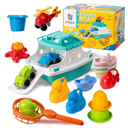 uToyz Ferry Boat Kids Bath Toy Set – 17 Pcs Toddler Pool Toys with Stacking Cups, Toy Ferry Boat, Train, 2 Cars & A Helicopter Addition for Fun Water Play, Toddler Bath Toys for 1 Year Old & Up