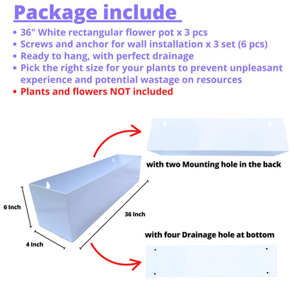 LaLaGreen Wall Planters for Outdoor Plants (36 Inch, 3 Pack) White Carbon Steel Metal Hanging Flower Pots, Long Rectangular Wall Mount Window Box Planters for Succulents, Fence, Deck Home Garden Decor