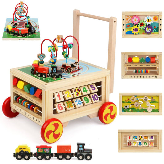 Wooden Activity Cube 7-in-1 Montessori Toys for 1+ Year Old Boys Girls Educational Learning Toys for Toddlers Age 1-2 One Year Old First Birthday Gift Bead Maze Magnetic Trains Track Shape Sorter