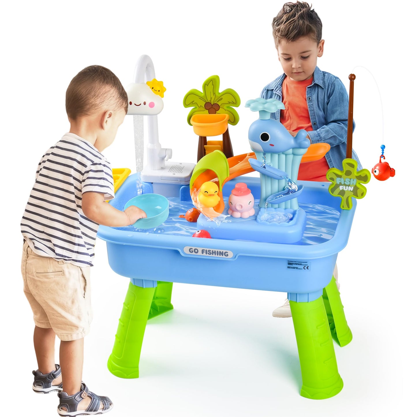 Hanyutom 2026 Upgraded Toddler Sand Water Table Toy with Electric Water Pump, Kids Sand Water with Faucet/Play Food Accessories/Fishing Toy, Kitchen Play Sink Toys for Girl Boy Age 3+ (Blue)